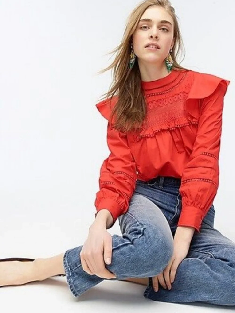 J.Crew Red Ruffle Yoke Blouse
